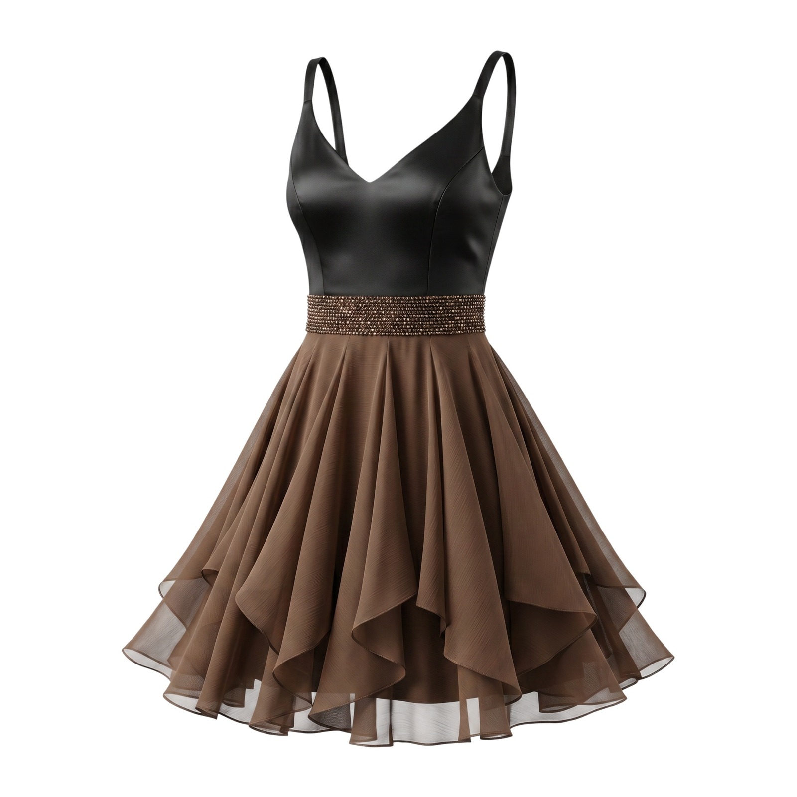 Maria Bianca Nero Black Brown Beaded Waist Chiffon Cocktail Dress Womens Medium